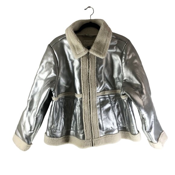 A New Day Metallic Faux Leather Silver Faux Fur Sherpa Lined Jacket Size XS - Picture 3 of 7
